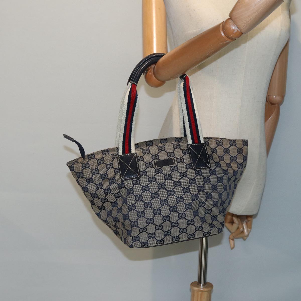 GUCCI GG Canvas Sherry Line Tote Bag Red Navy Silver 131228 bs17358