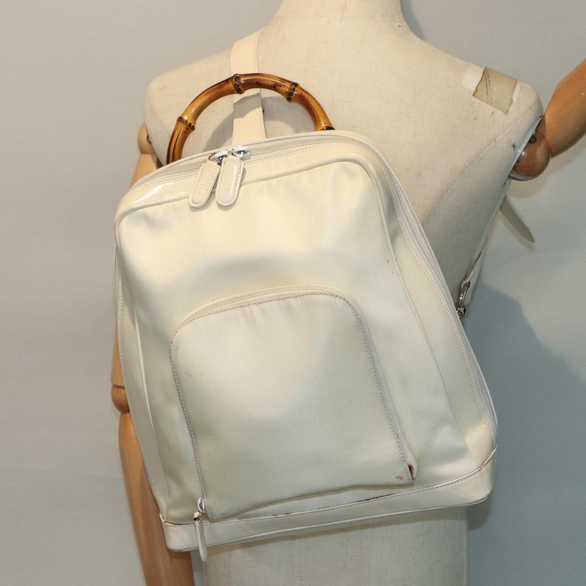 GUCCI Bamboo Shoulder Bag Nylon White Silver 003 2058 0059 5 bs17479