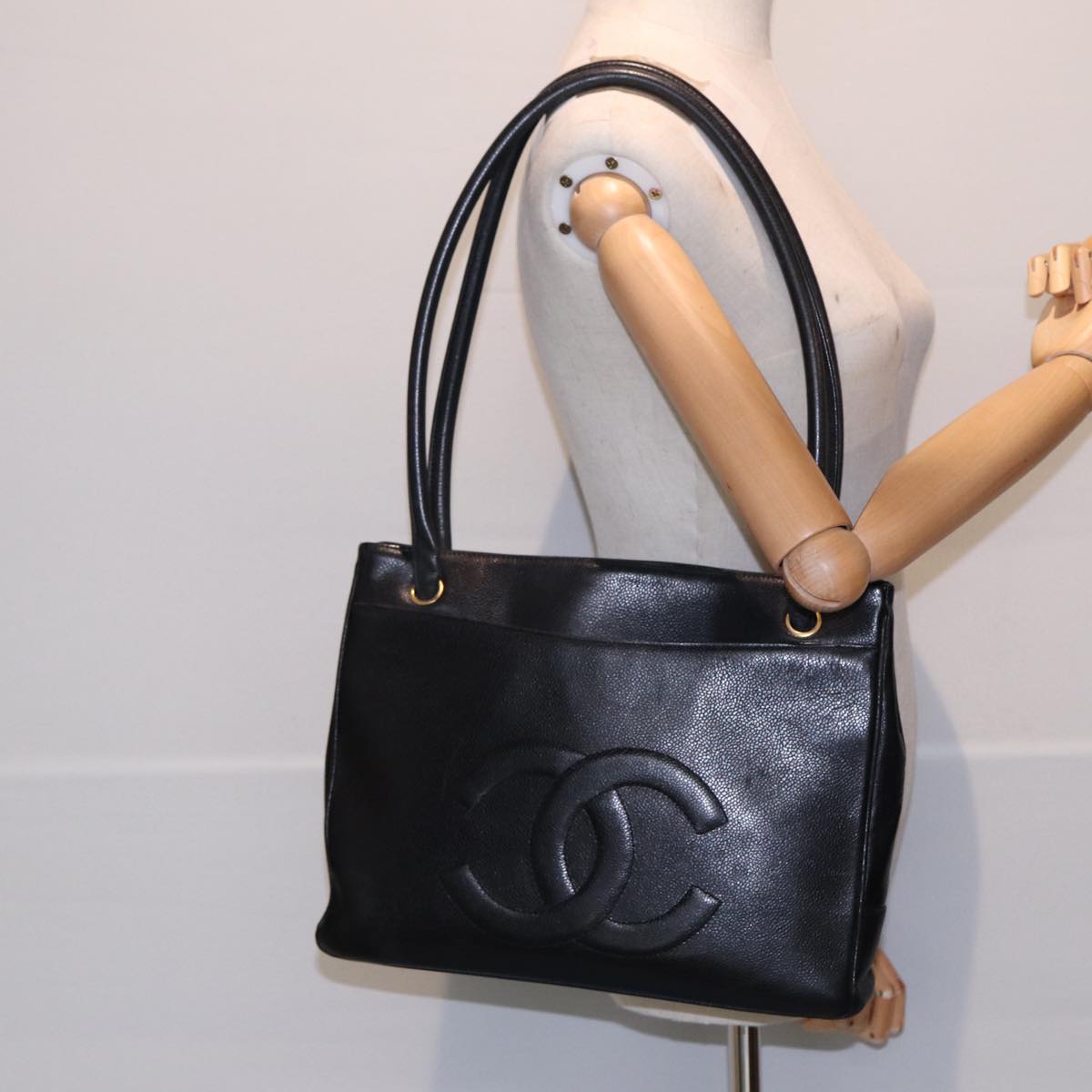 CHANEL Tote Bag Caviar Skin Black Gold CC bs17526