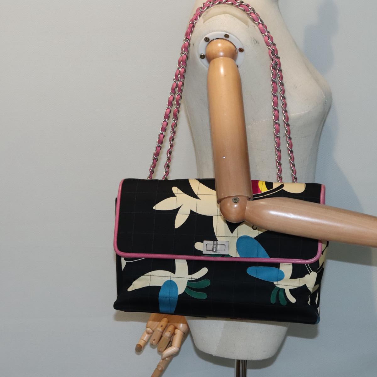 CHANEL Choco Bar Chain Shoulder Bag Canvas Navy Silver CC bs17594