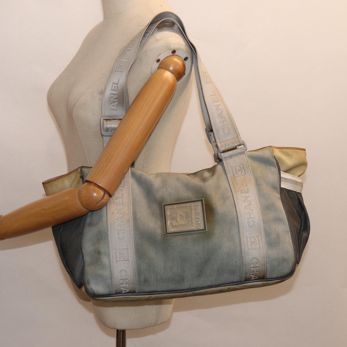 CHANEL Sports Tote Bag Nylon Gray Silver CC bs17659