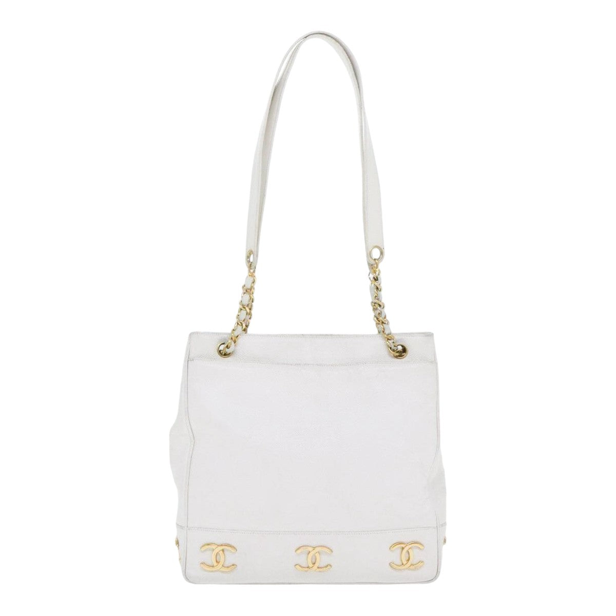 CHANEL Chain Shoulder Bag Caviar Skin White Gold CC bs17674