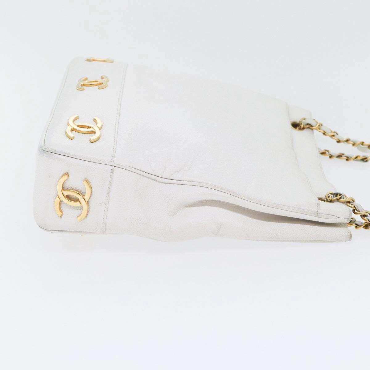 CHANEL Chain Shoulder Bag Caviar Skin White Gold CC bs17674