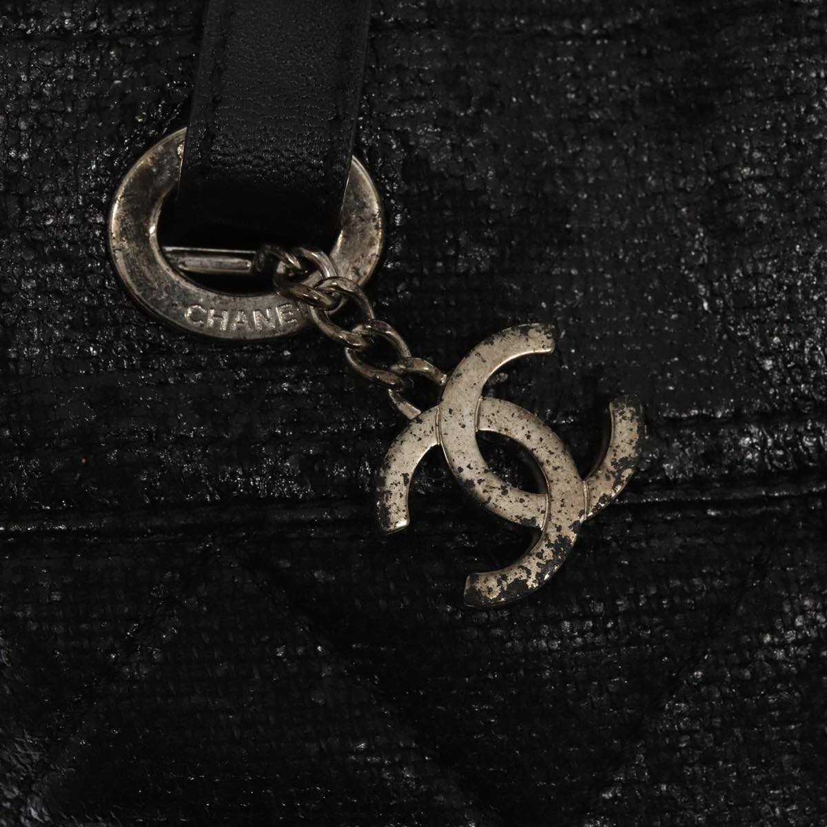 CHANEL Paris Biarritz MM Tote Bag Coated Canvas Black Silver CC bs17785