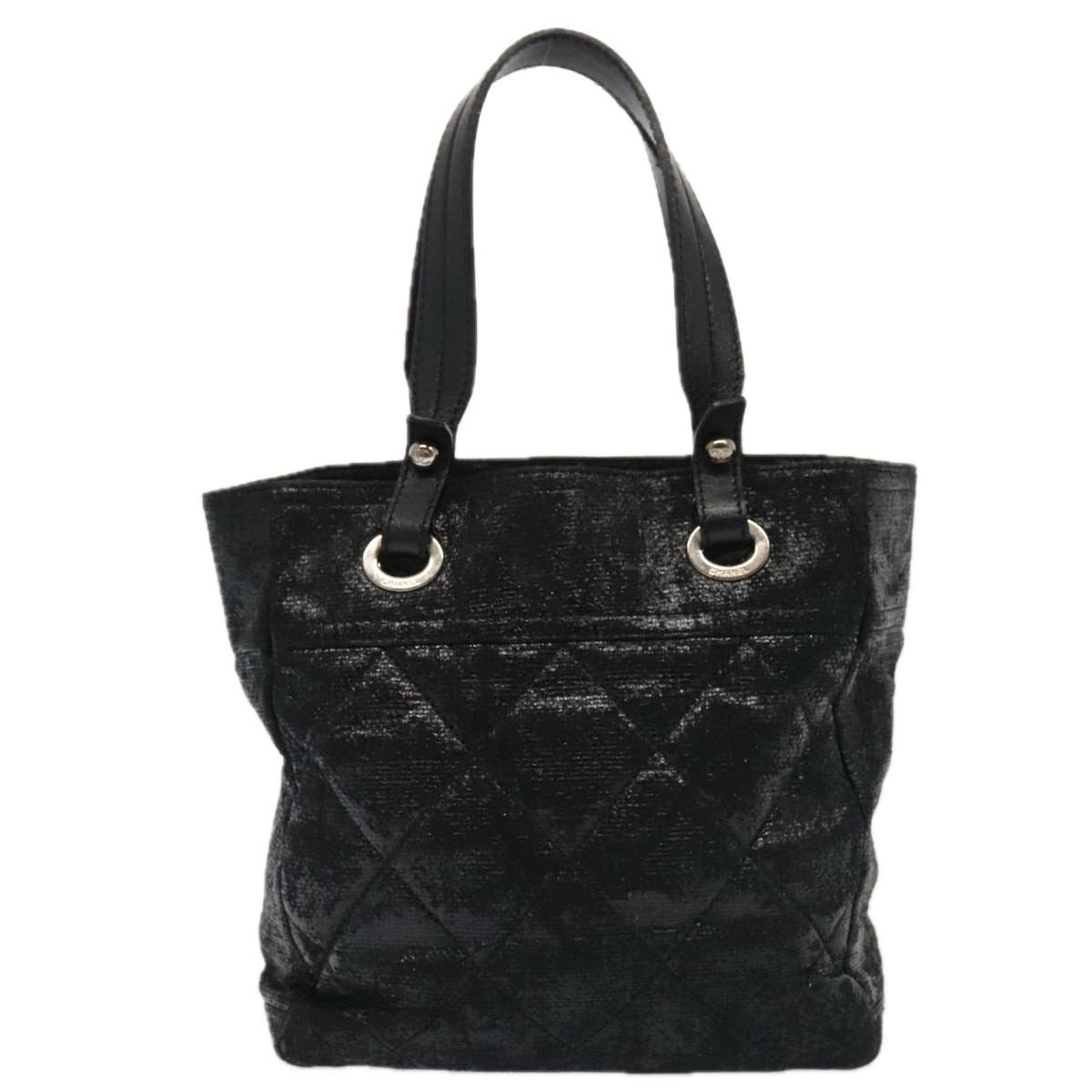 CHANEL Paris Biarritz MM Tote Bag Coated Canvas Black Silver CC bs17785