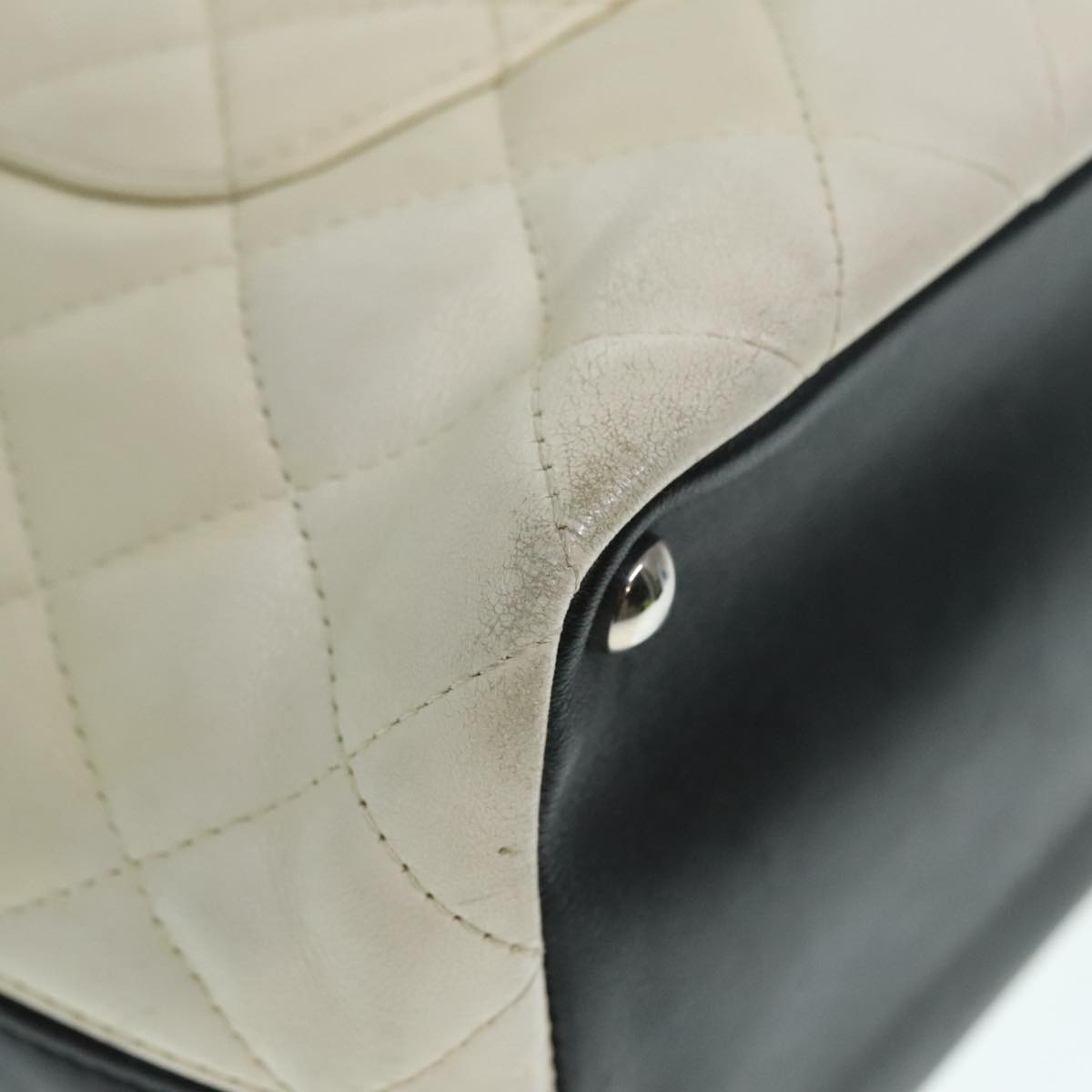 CHANEL Cambon Line Hand Bag Leather White Silver black CC bs17836