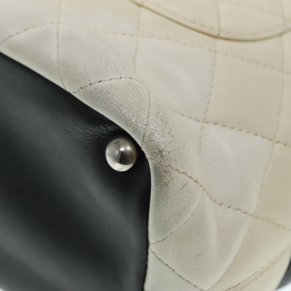 CHANEL Cambon Line Hand Bag Leather White Silver black CC bs17836