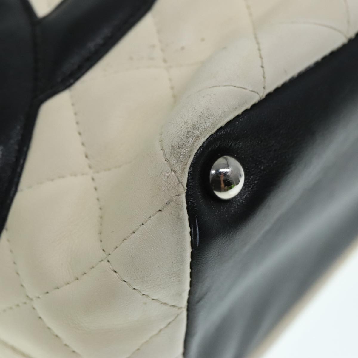 CHANEL Cambon Line Hand Bag Leather White Silver black CC bs17836
