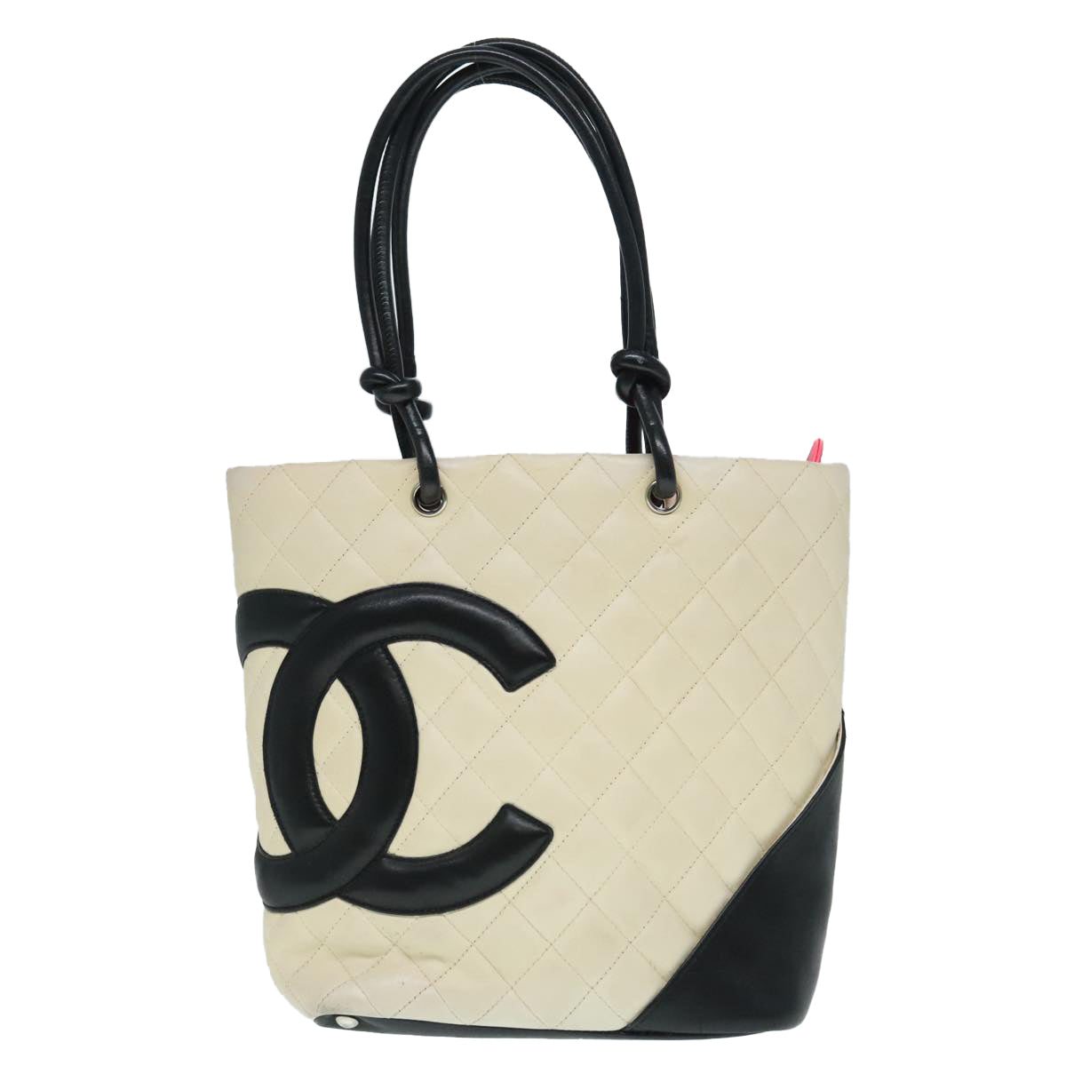 CHANEL Cambon Line Hand Bag Leather White Silver black CC bs17836