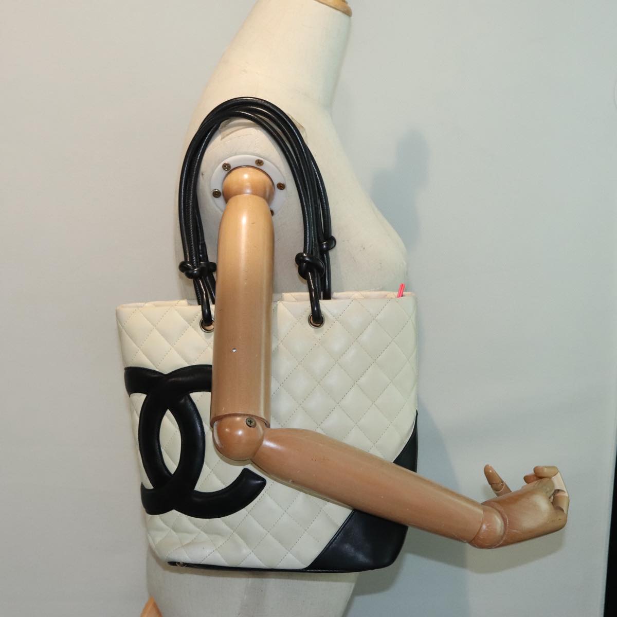 CHANEL Cambon Line Hand Bag Leather White Silver black CC bs17836