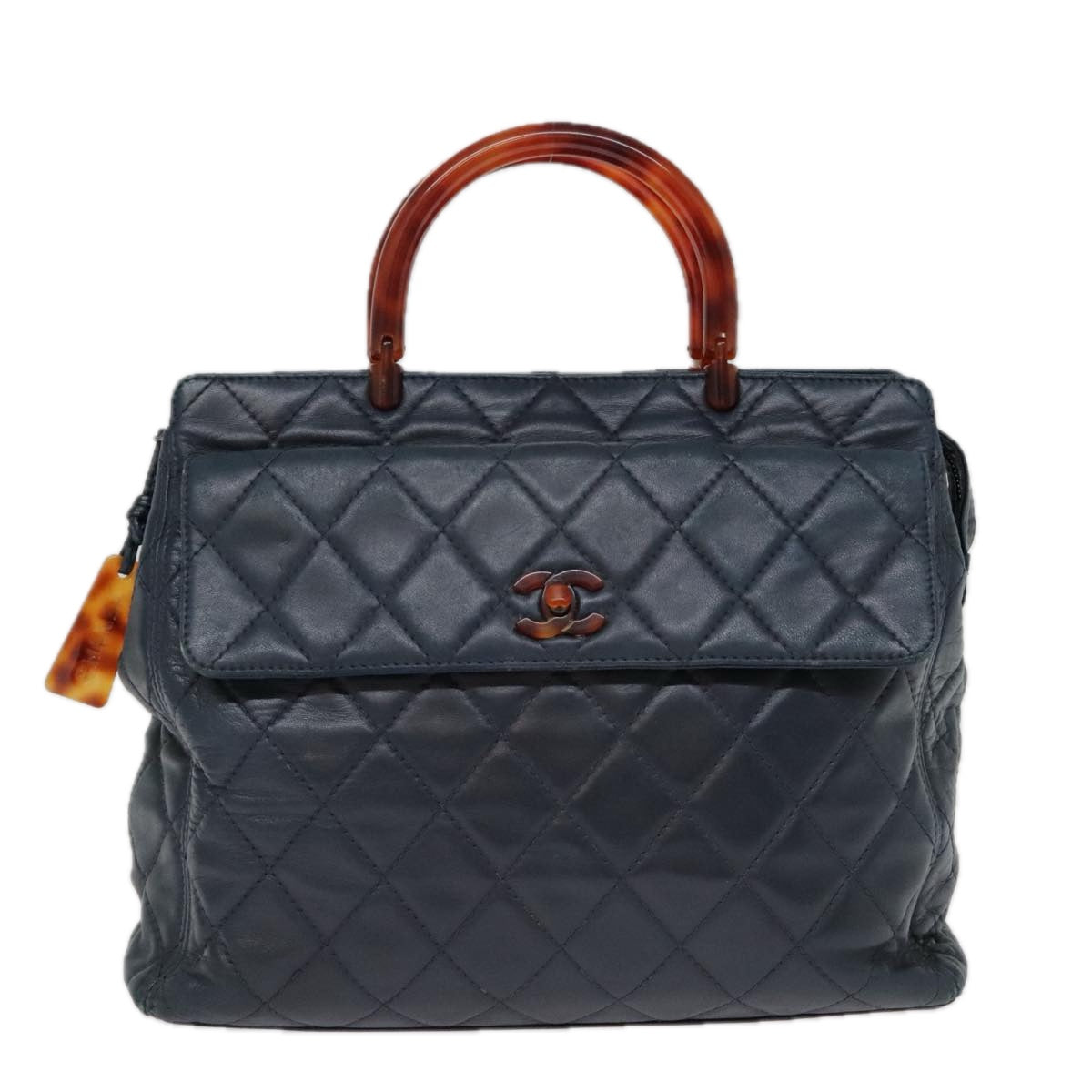 CHANEL Matelasse Hand Bag Lamb Skin Navy CC bs18353