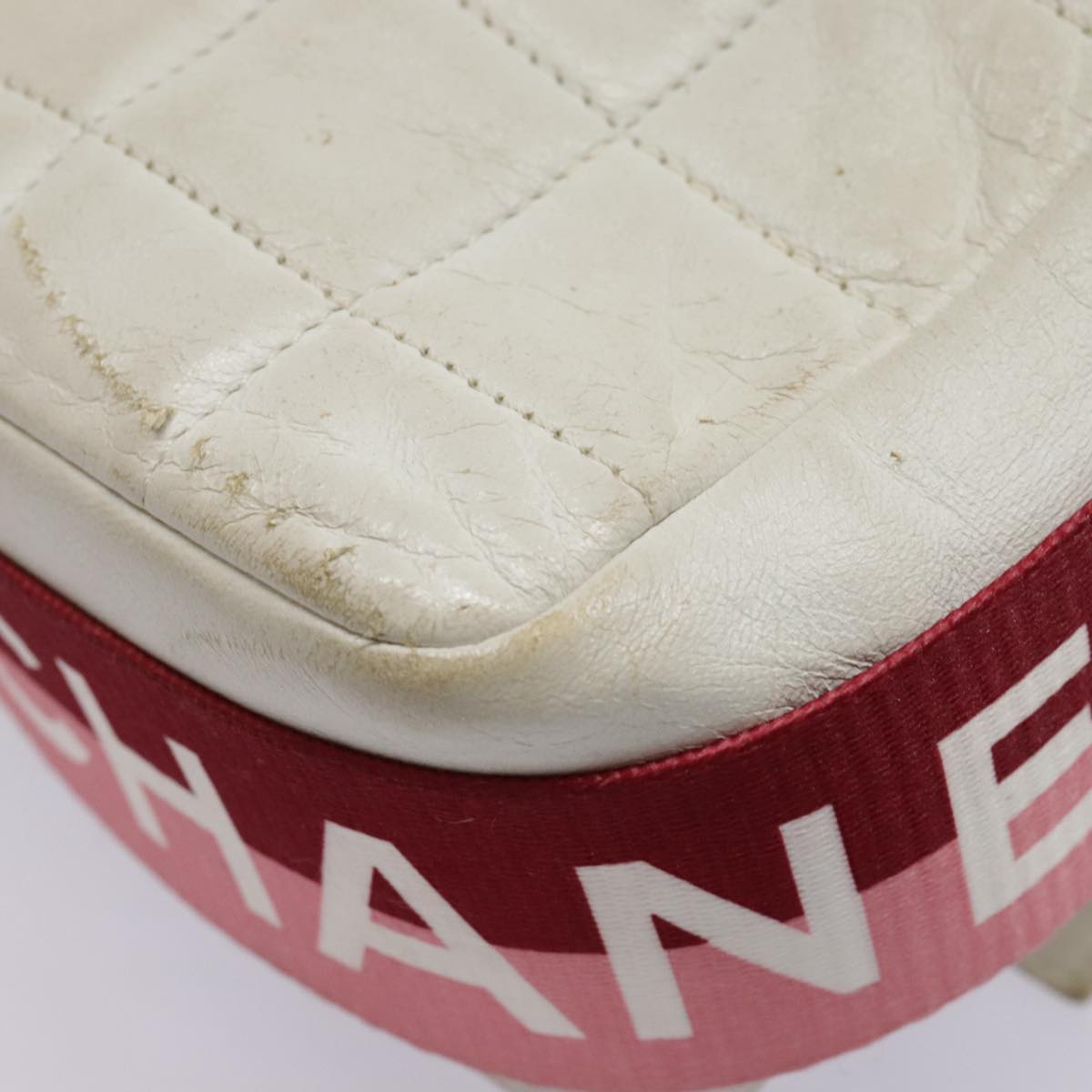 CHANEL Choco Bar Shoulder Bag Leather White Gold pink CC bs18354