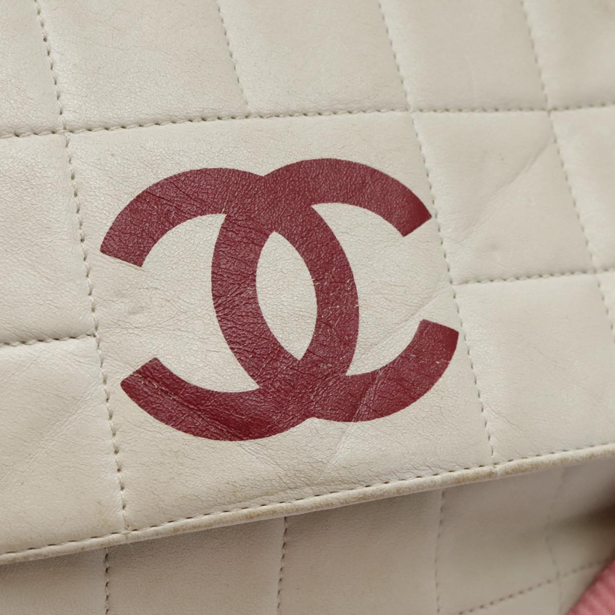 CHANEL Choco Bar Shoulder Bag Leather White Gold pink CC bs18354