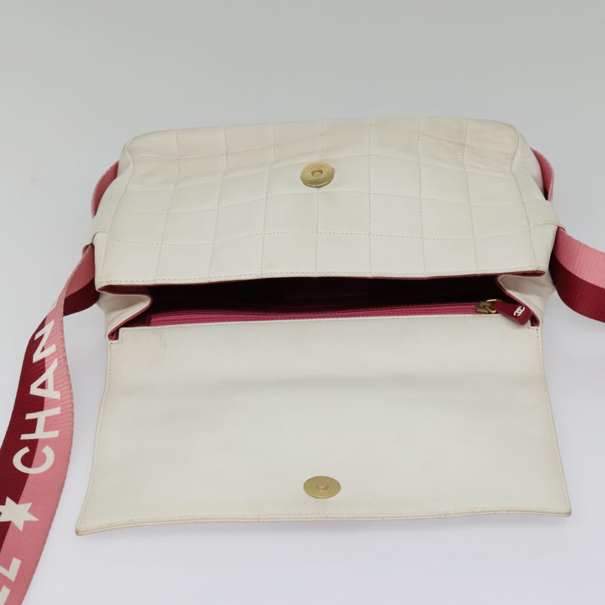 CHANEL Choco Bar Shoulder Bag Leather White Gold pink CC bs18354
