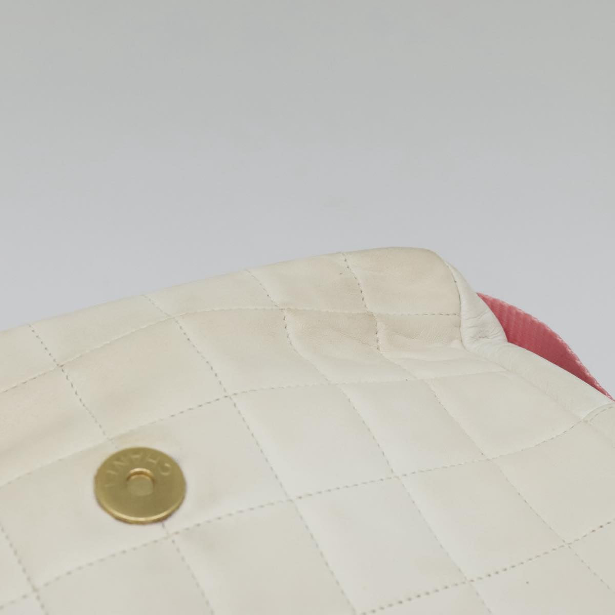 CHANEL Choco Bar Shoulder Bag Leather White Gold pink CC bs18354