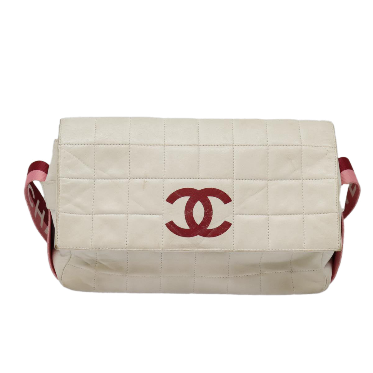 CHANEL Choco Bar Shoulder Bag Leather White Gold pink CC bs18354