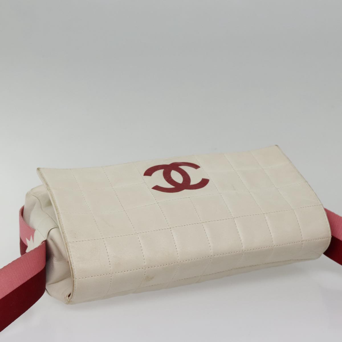 CHANEL Choco Bar Shoulder Bag Leather White Gold pink CC bs18354