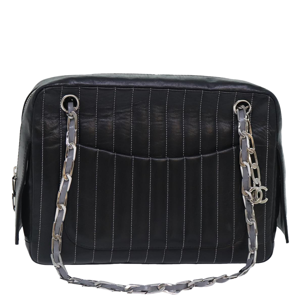 CHANEL Chain Shoulder Bag Leather Silver Black CC bs18415
