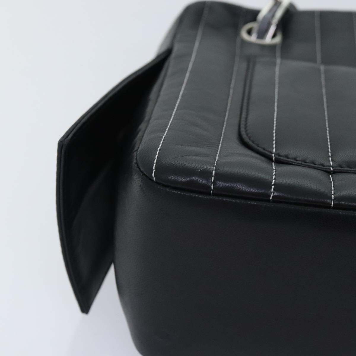 CHANEL Chain Shoulder Bag Leather Silver Black CC bs18415