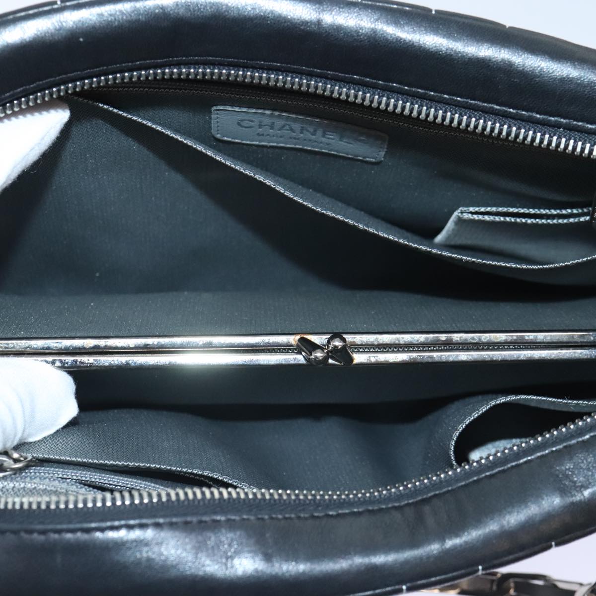 CHANEL Chain Shoulder Bag Leather Silver Black CC bs18415