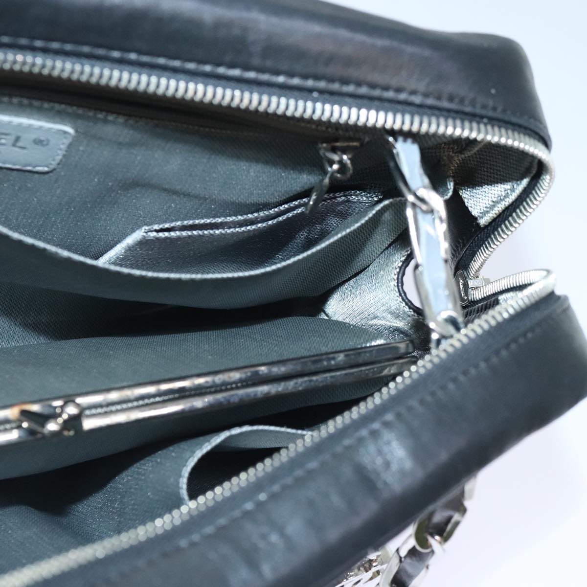 CHANEL Chain Shoulder Bag Leather Silver Black CC bs18415