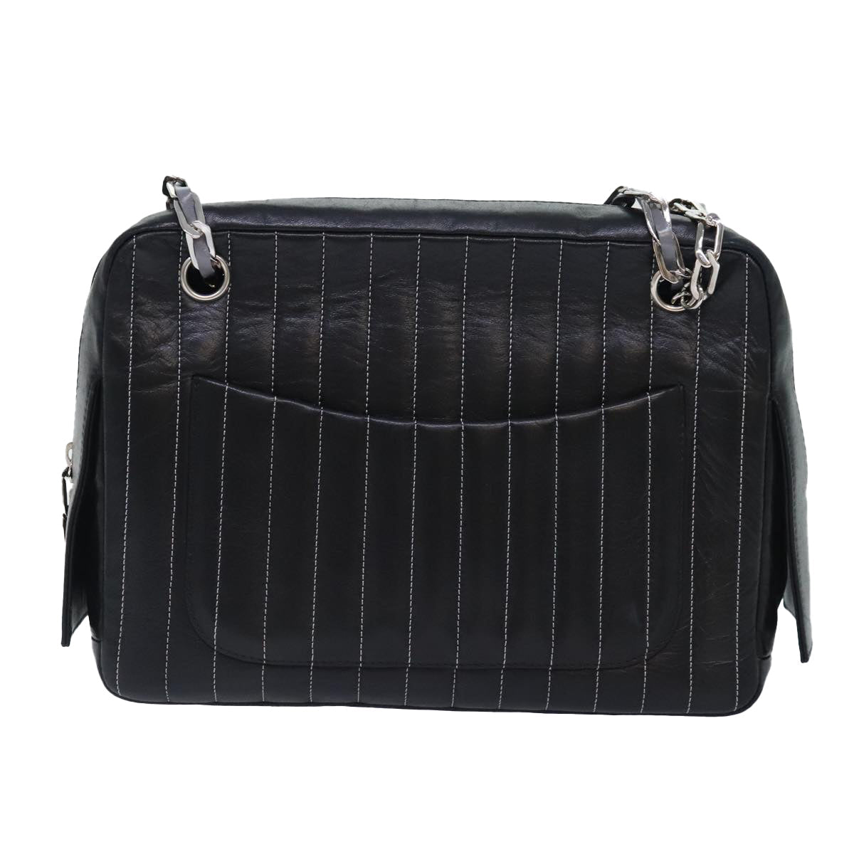 CHANEL Chain Shoulder Bag Leather Silver Black CC bs18415