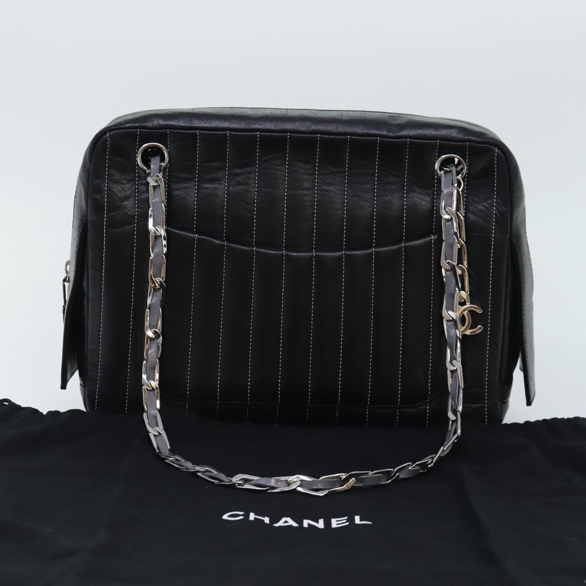 CHANEL Chain Shoulder Bag Leather Silver Black CC bs18415