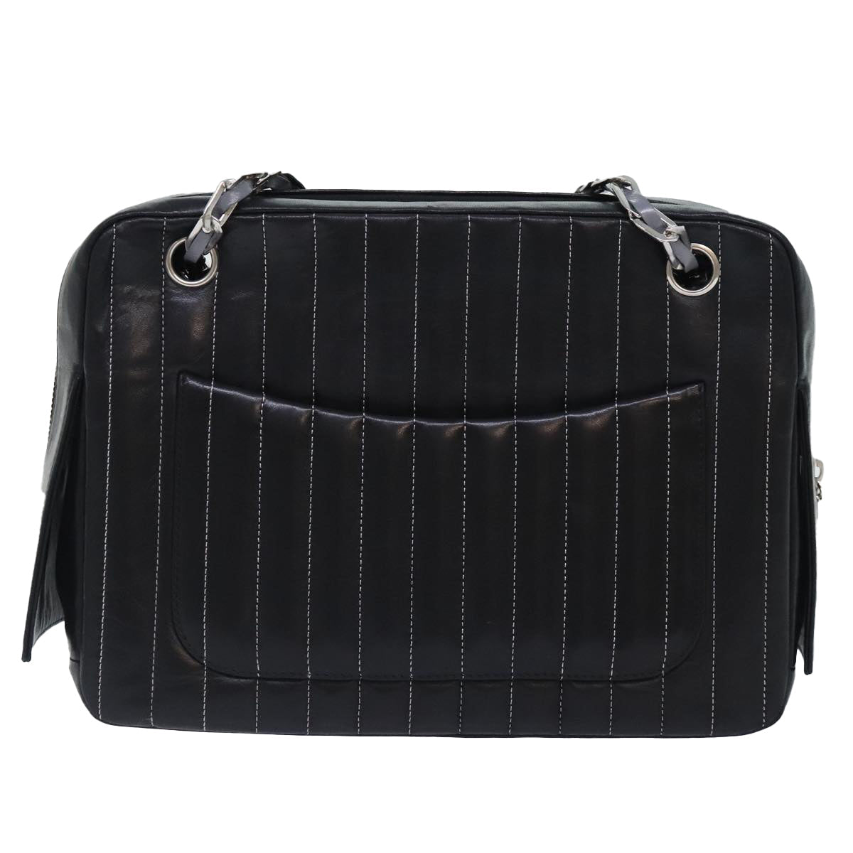 CHANEL Chain Shoulder Bag Leather Silver Black CC bs18415