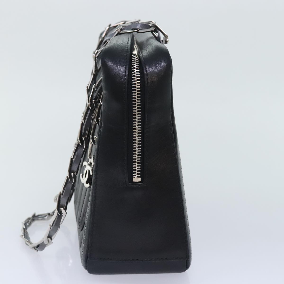 CHANEL Chain Shoulder Bag Leather Silver Black CC bs18415