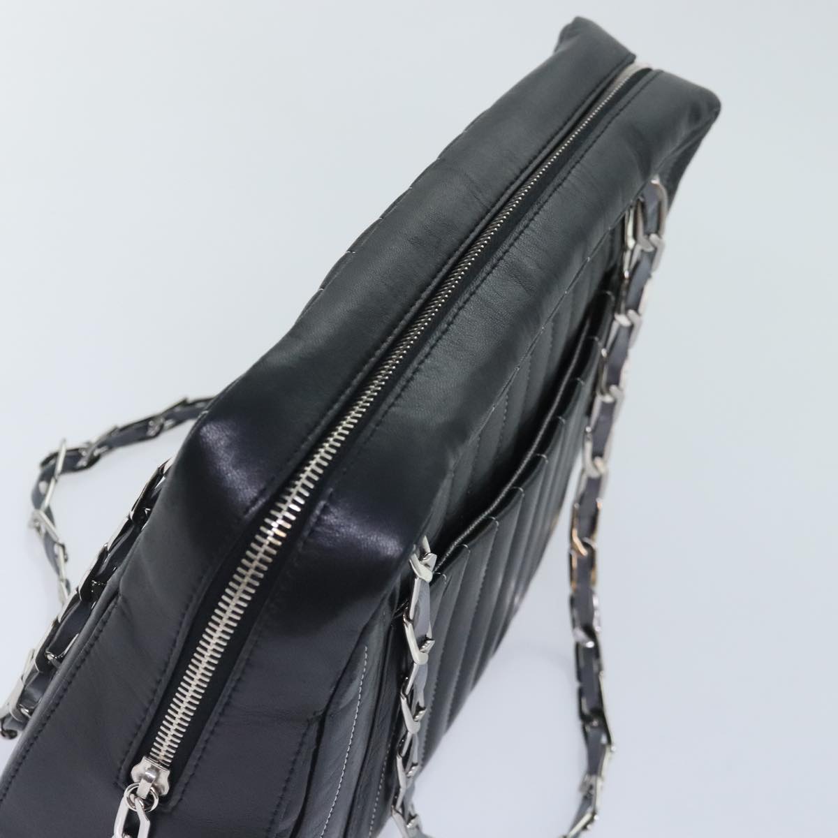 CHANEL Chain Shoulder Bag Leather Silver Black CC bs18415