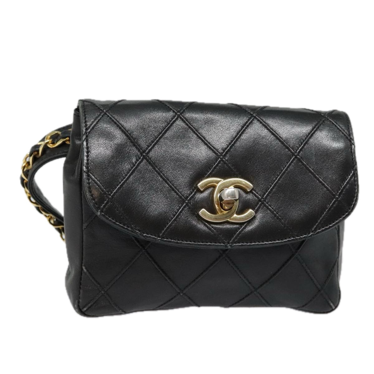 CHANEL Bicolore Chain Waist bag Leather Black Gold CC bs18454