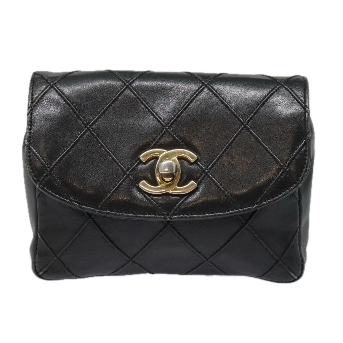 CHANEL Bicolore Chain Waist bag Leather Black Gold CC bs18454