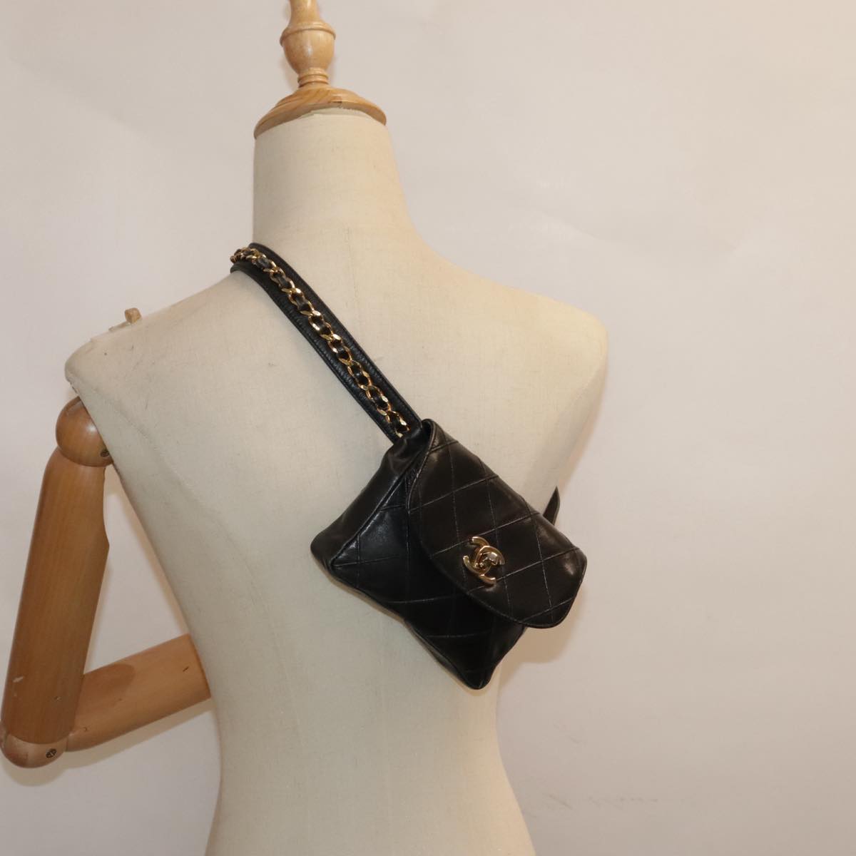 CHANEL Bicolore Chain Waist bag Leather Black Gold CC bs18454
