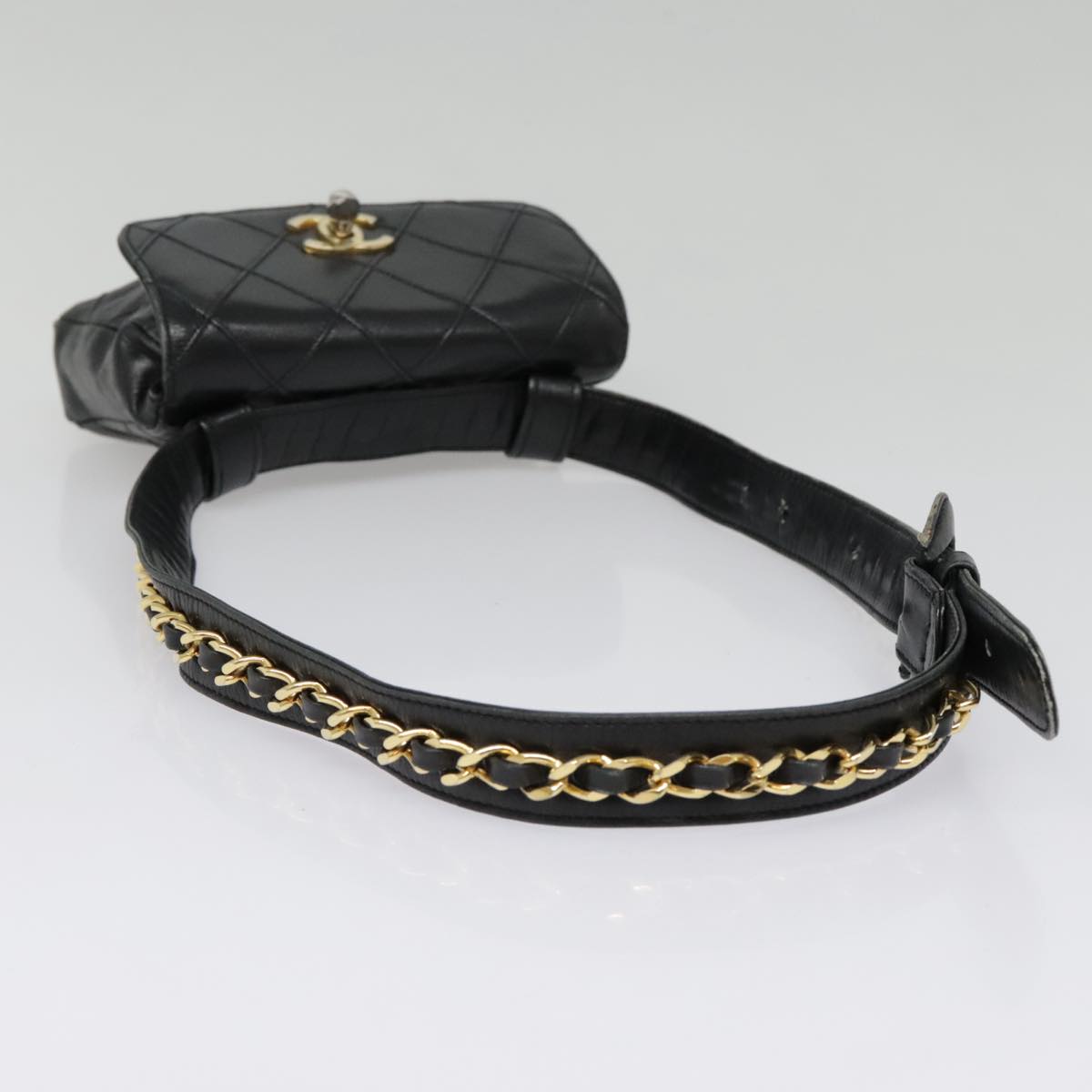 CHANEL Bicolore Chain Waist bag Leather Black Gold CC bs18454