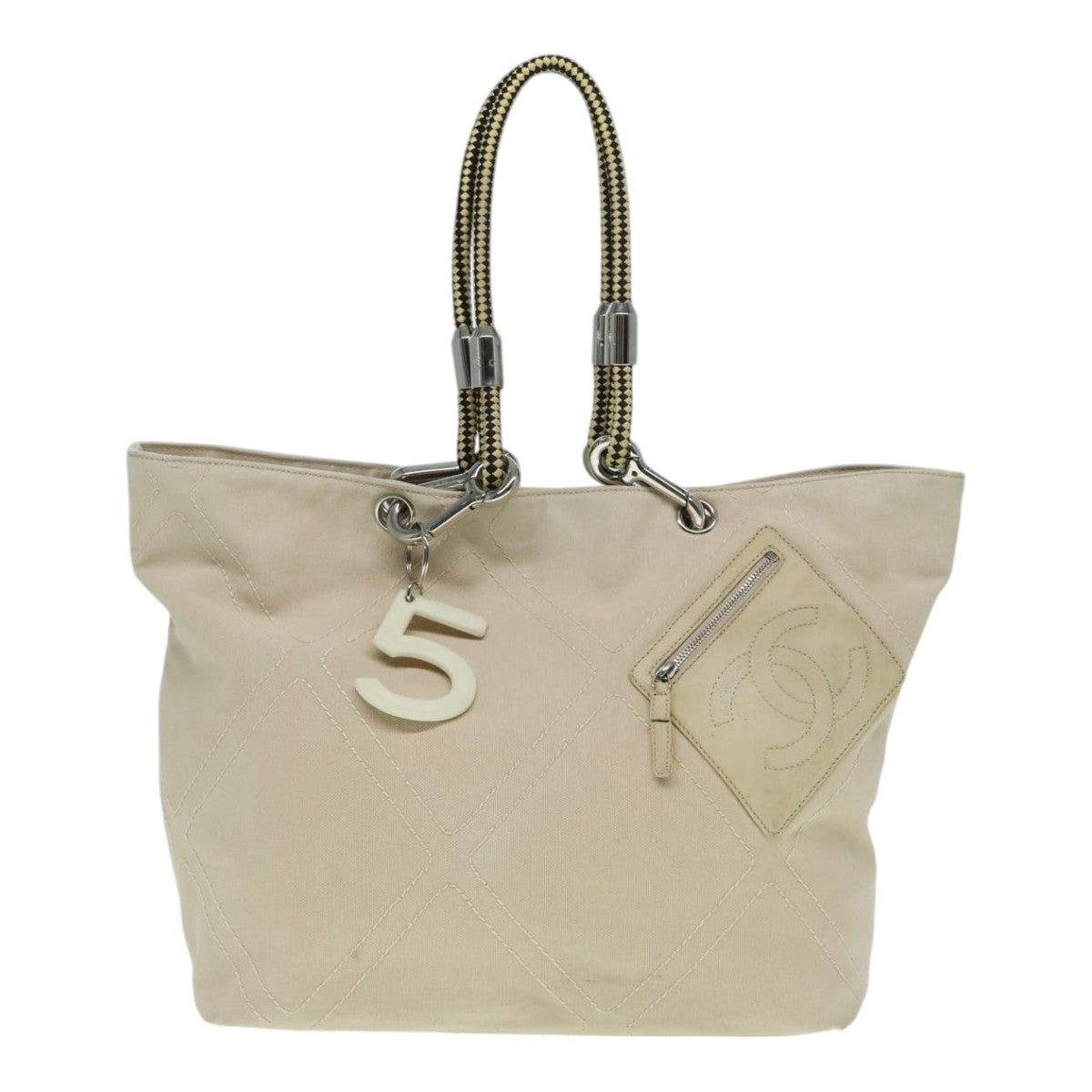 CHANEL COCO Mark Tote Bag Canvas Beige Silver CC bs18464