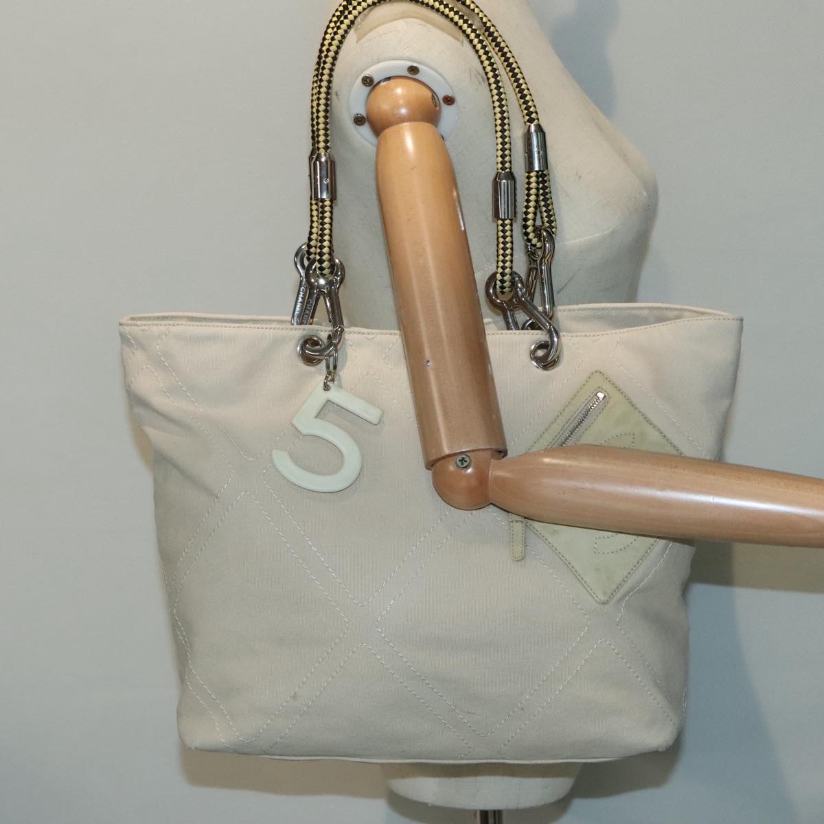 CHANEL COCO Mark Tote Bag Canvas Beige Silver CC bs18464