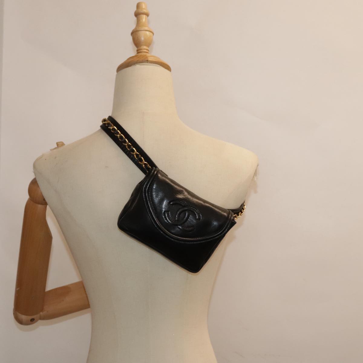 CHANEL Chain Waist bag Lamb Skin Black Gold CC bs18476