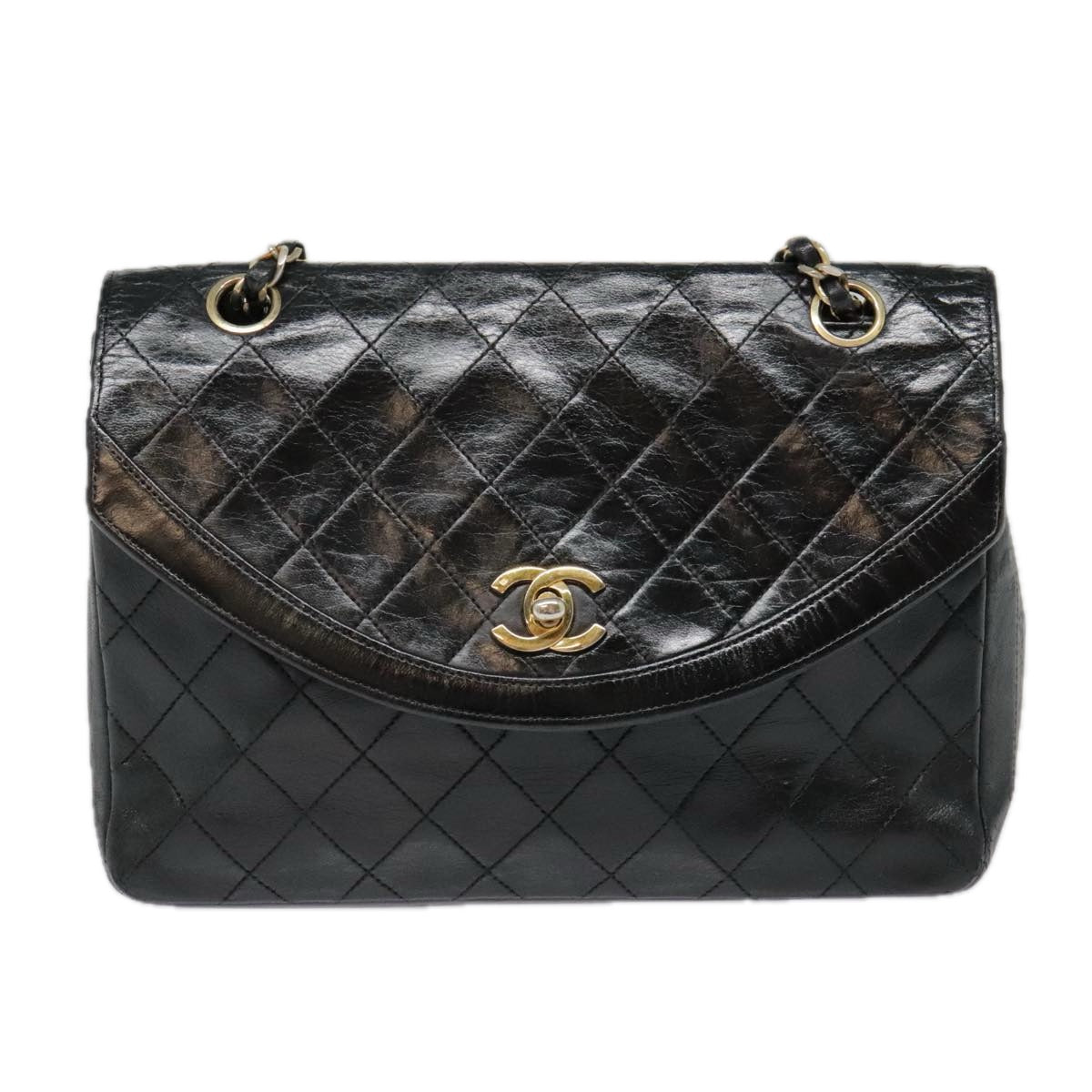 CHANEL Matelasse Chain Shoulder Bag Lamb Skin Gold Black CC bs18532