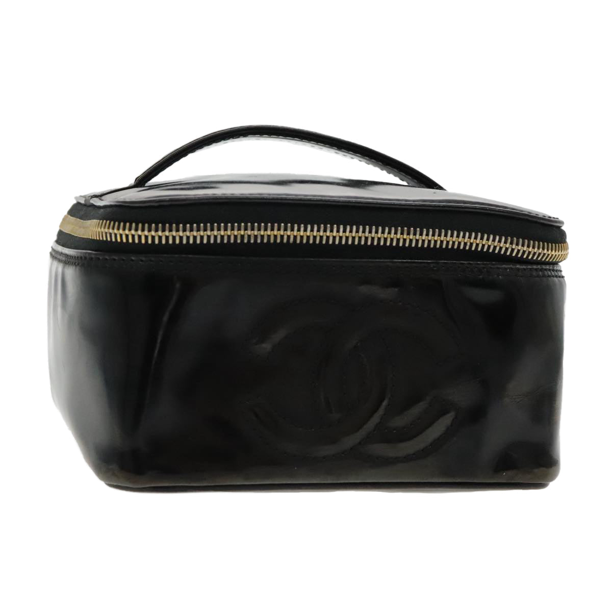 CHANEL Vanity Cosmetic Pouch Patent leather Black Gold CC bs18658