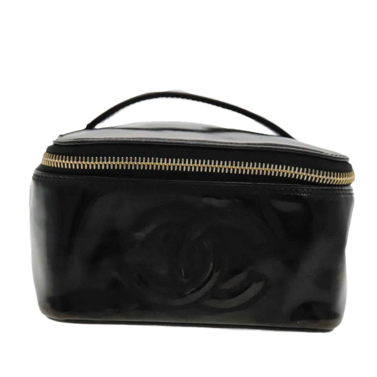 CHANEL Vanity Cosmetic Pouch Patent leather Black Gold CC bs18658