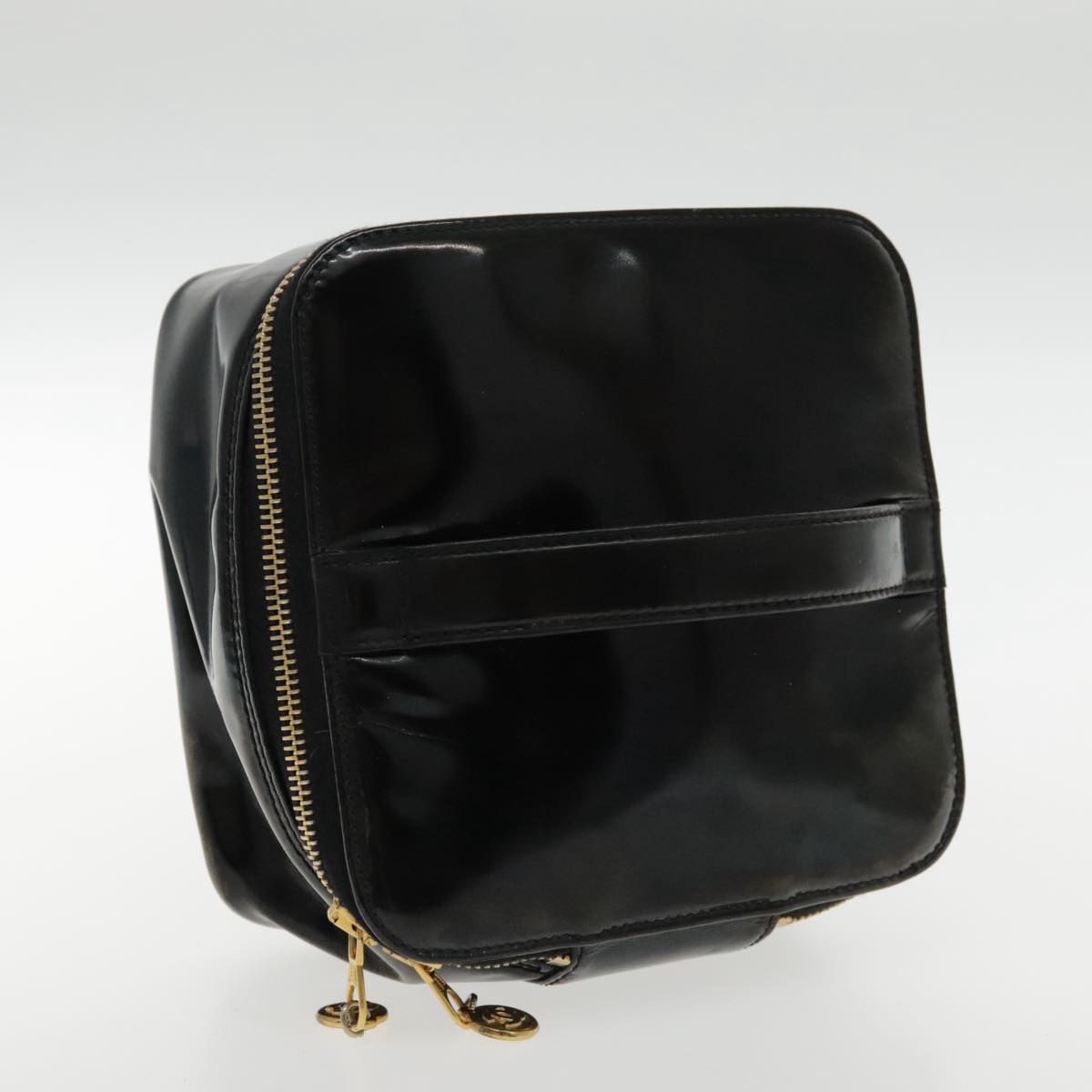CHANEL Vanity Cosmetic Pouch Patent leather Black Gold CC bs18658
