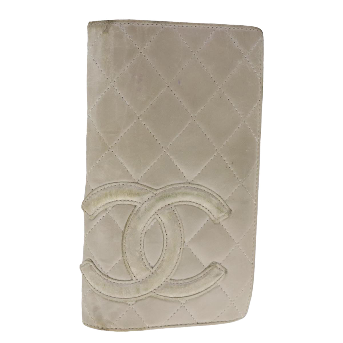 CHANEL Cambon Line Long Wallet Leather Beige Silver CC bs18722