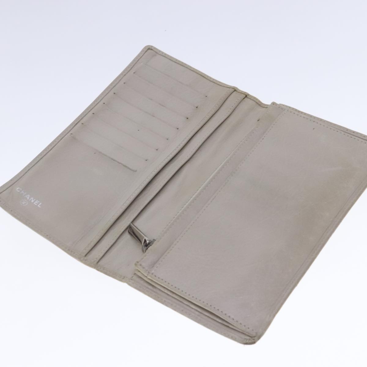 CHANEL Cambon Line Long Wallet Leather Beige Silver CC bs18722