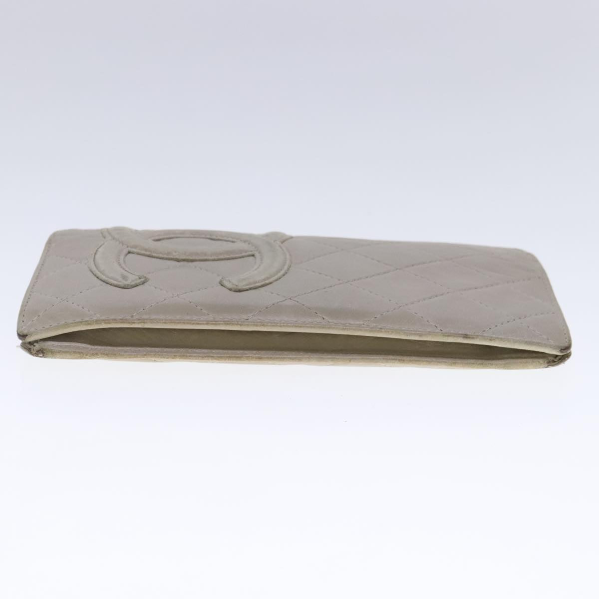 CHANEL Cambon Line Long Wallet Leather Beige Silver CC bs18722