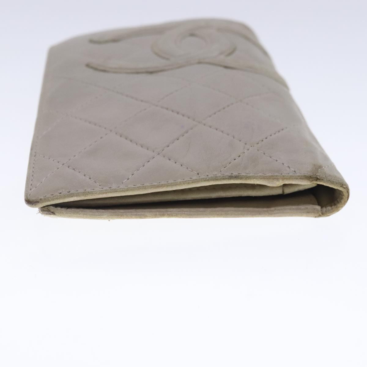 CHANEL Cambon Line Long Wallet Leather Beige Silver CC bs18722