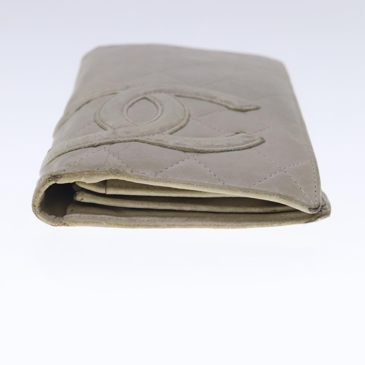 CHANEL Cambon Line Long Wallet Leather Beige Silver CC bs18722