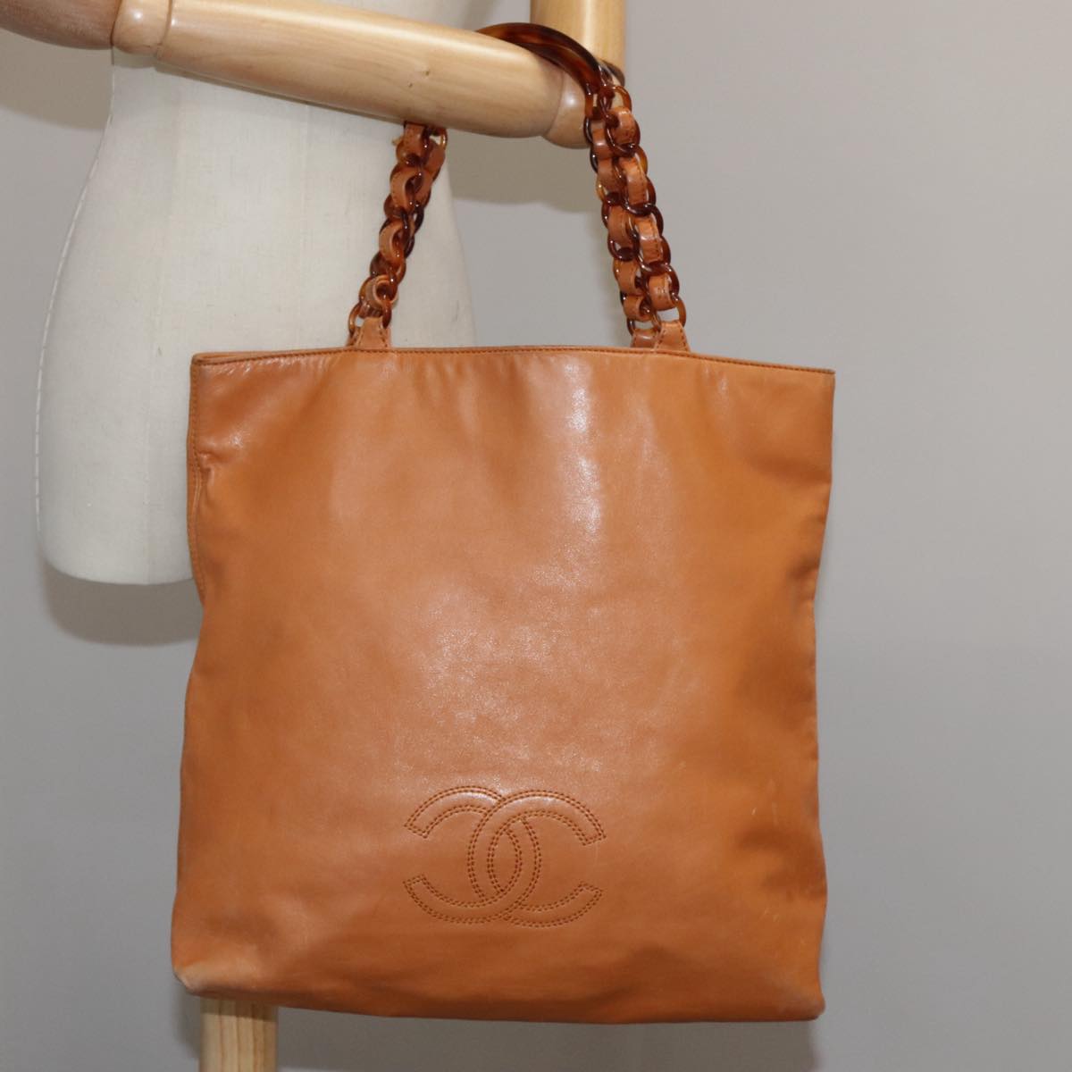 CHANEL Chain Tote Bag Leather Brown CC bs18753
