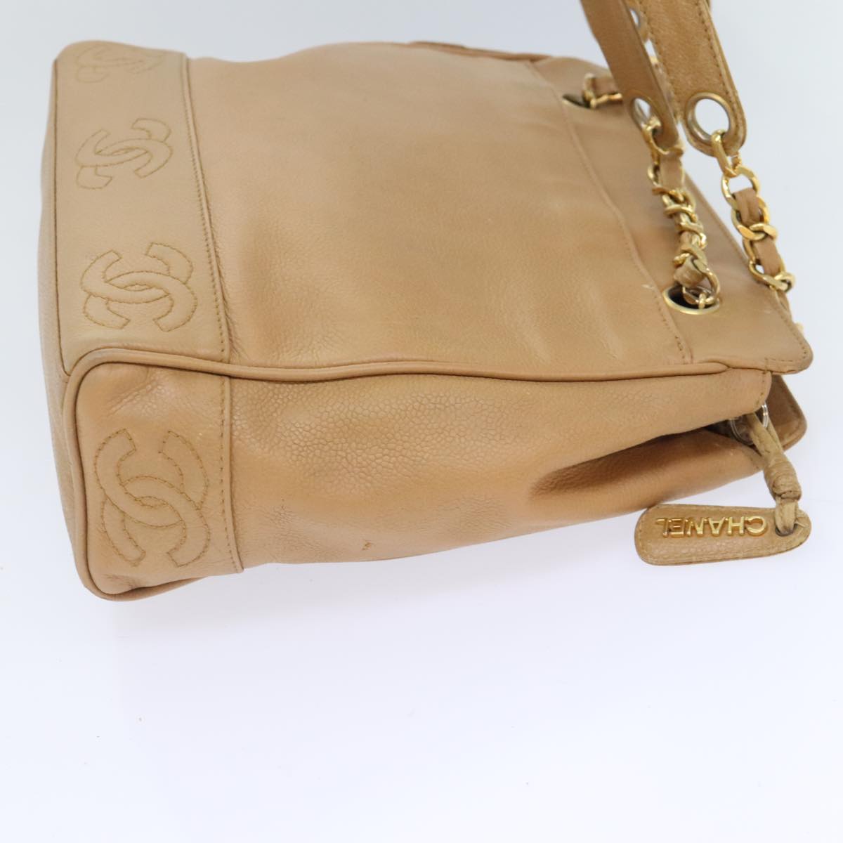 CHANEL Chain Shoulder Bag Caviar Skin Beige Gold CC bs18835
