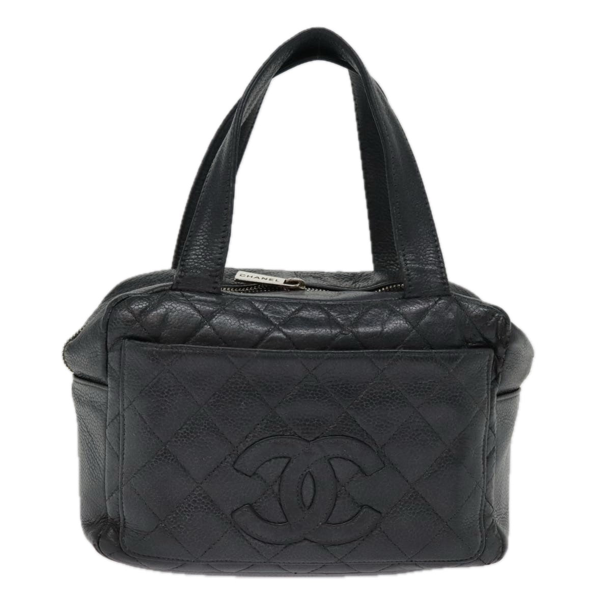 CHANEL Matelasse Hand Bag Caviar Skin Black Silver CC bs18836