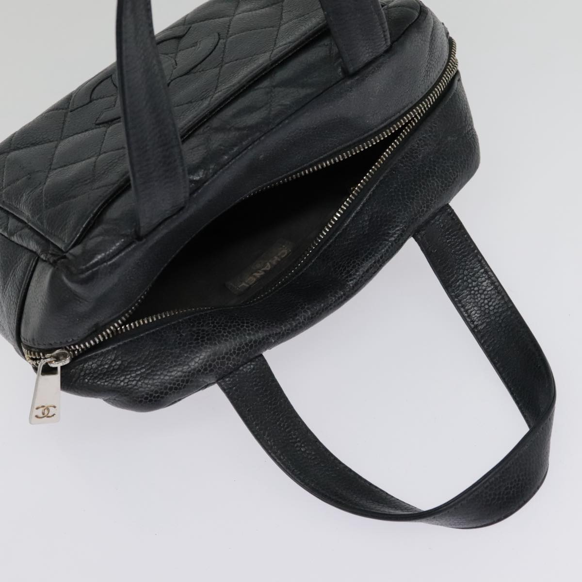 CHANEL Matelasse Hand Bag Caviar Skin Black Silver CC bs18836